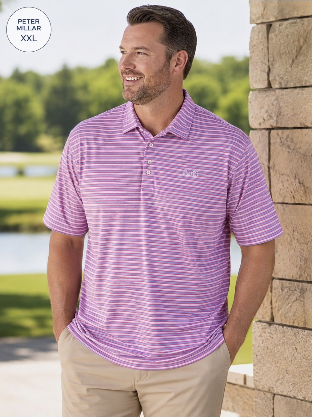 Peter Millar Pink White Teal Striped Golf Polo Shirt w Logo Size XXL